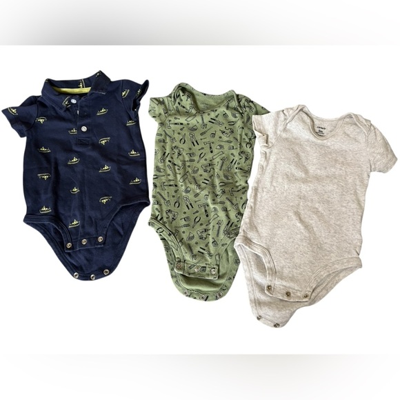 Carter's Other - Three Carters 9 month onesies -Navy w/boats, Green w/tools, and light grey plain